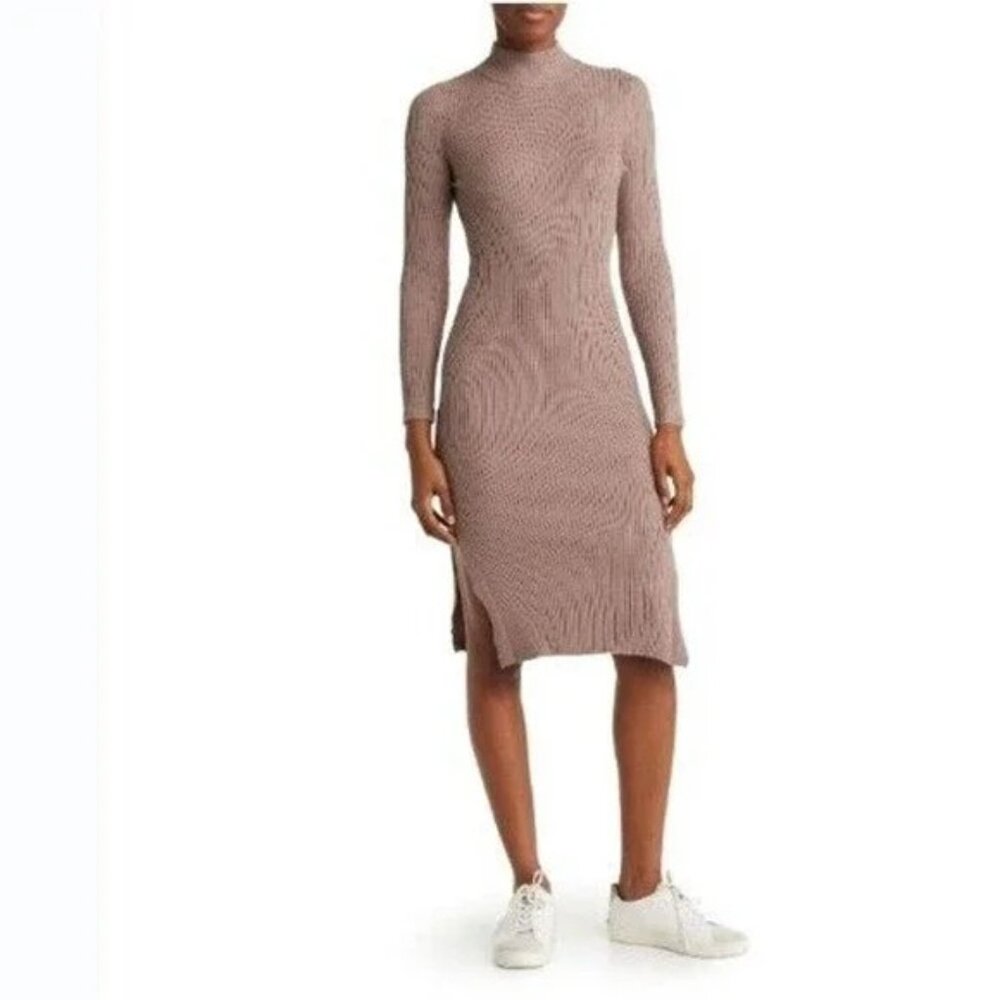 Magaschoni Tan Mock Neck Side Slit Bodycon Ribbed Knit Sweater Dress Medium